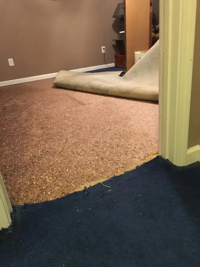 Carpet pad removal revealing water damage during Drying & Dehumidification in Conway